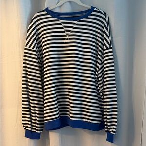 Amazon Women's Black and White Striped Long Sleeve Tee with Blue Trim